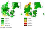 FORKLARING. Kortene viser, hvor der bor flest boligejere, der betaler boligskatter af vurderingen fra 2011.Kortet til venstre viser ejendomsværdiskatter og kortet til højre grundskyld. En for eksempel rød kommune på det højre kort betyder, at  60-80 procent af boligejerne betaler grundskyld ud fra 2011-vurderingen, som er fyldt med fejl. 