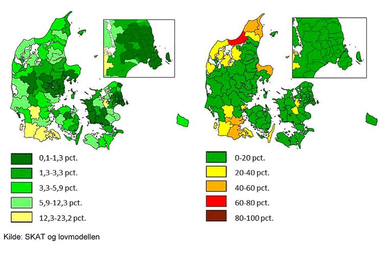 FORKLARING. Kortene viser, hvor der bor flest boligejere, der betaler boligskatter af vurderingen fra 2011.Kortet til venstre viser ejendomsværdiskatter og kortet til højre grundskyld. En for eksempel rød kommune på det højre kort betyder, at  60-80 procent af boligejerne betaler grundskyld ud fra 2011-vurderingen, som er fyldt med fejl. 