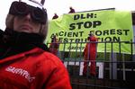 Greenpeace i aktion ved tømmergiganten DLH i Taastrup i 2002, hvor DLH (Dalhoff Larsen og Horneman) blev kritiseret for at købe ulovligt mahogni fra Brasilien. 