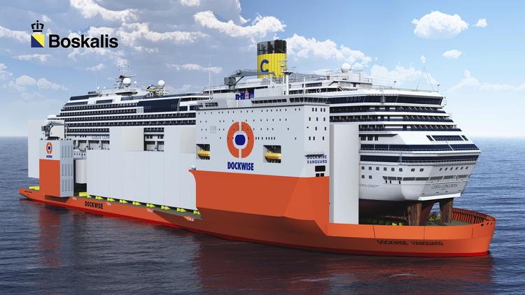 LØFT. Sådan kan det komme til at se ud, hvis 'Dockwise Vanguard' får hevet 'Costa Concordia' op på dækket. 