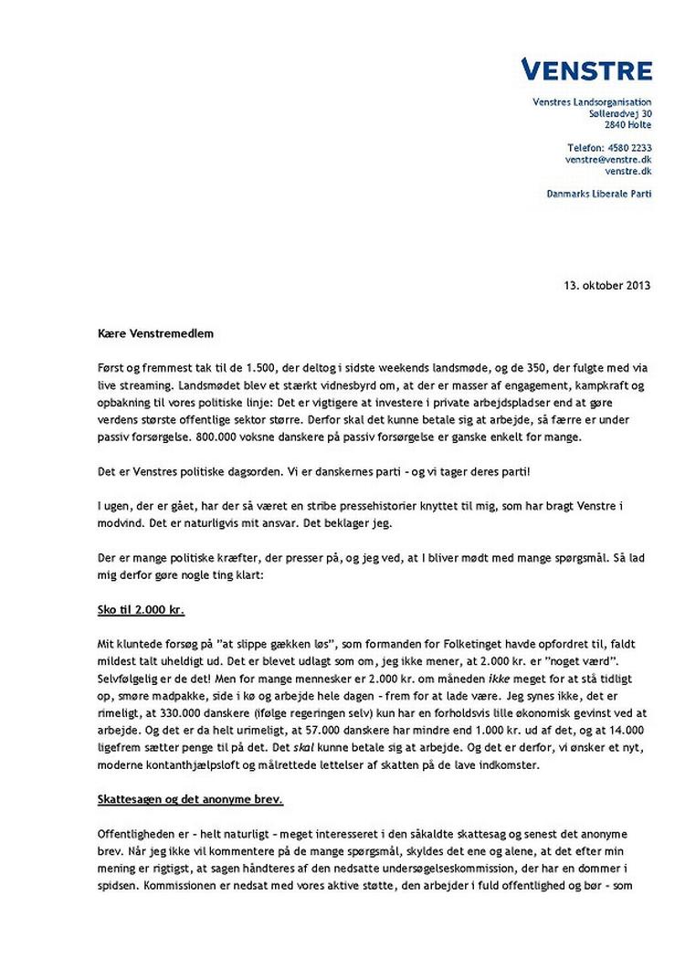 Undskyldning. Venstres formand beklager i et brev, at han har givet Venstre dårlig omtale. 