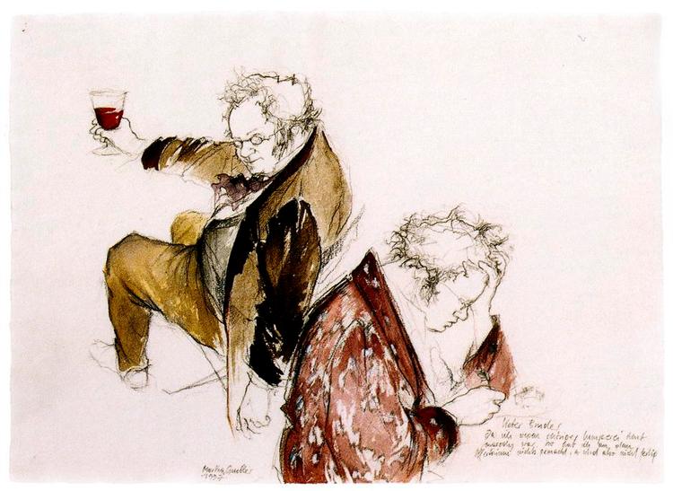 Fuld. Et helt kapitel i bogen er viet Martha Grieblers kærlige, men usentimentale tegninger af Schubert. Her med vin i hånd. Tegning fra bogen 