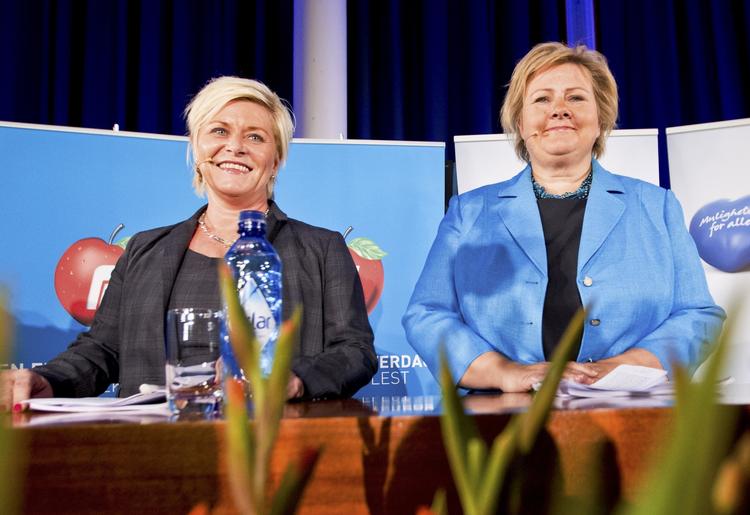Regering. Siv Jensen (t.v.) bliver ny finansminister i Erna Solbergs nye borgerlige regering. 
