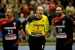 succes. Joachim Boldsen, Kasper Hvidt og Cyril Viudes jubler over KIF Kolding København sejr mod polske Wisla Plock. 