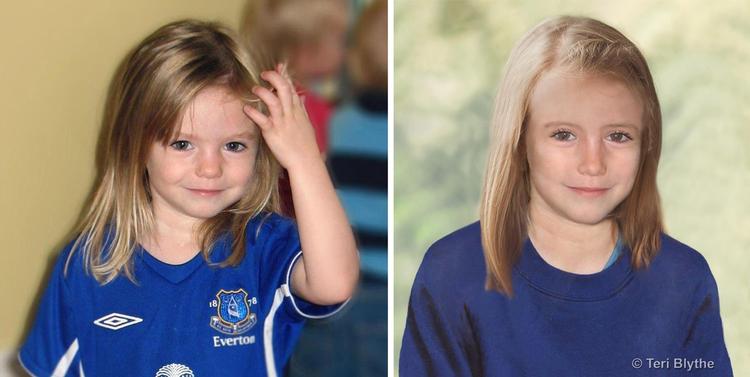 Computerfoto: Et billede af Madeliene som hun så ud da hun forsvandt i 2007 sammenlignet med et computerfoto - lavet af britisk politi -  som hun kan se ud i dag. 