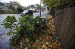 Orkanstyrke. I England har stormen siden i går raseret dele af landet med strømsvigt, oversvømmelser og faldne træer til følge. På billedet blokerer et væltet træ fortovet i London. 