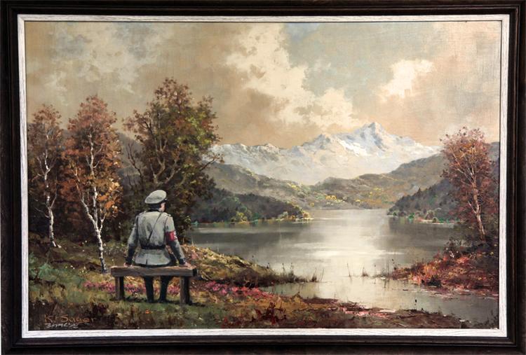 Midas. 'The banality of the banality of evil' Oil on oil canvas, 2013' er den fulde titel på maleriet af et flot landskab, som har fået tilført en nazi-officer, der tager sig en slapper. 