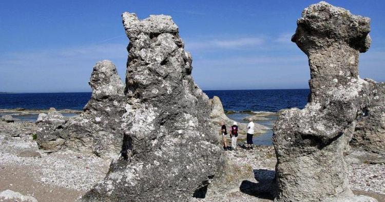Rauker. Piller af kalksten i sære former er karakteristiske for Gotland og kan ses en del steder på øen, her på sydøstkysten.