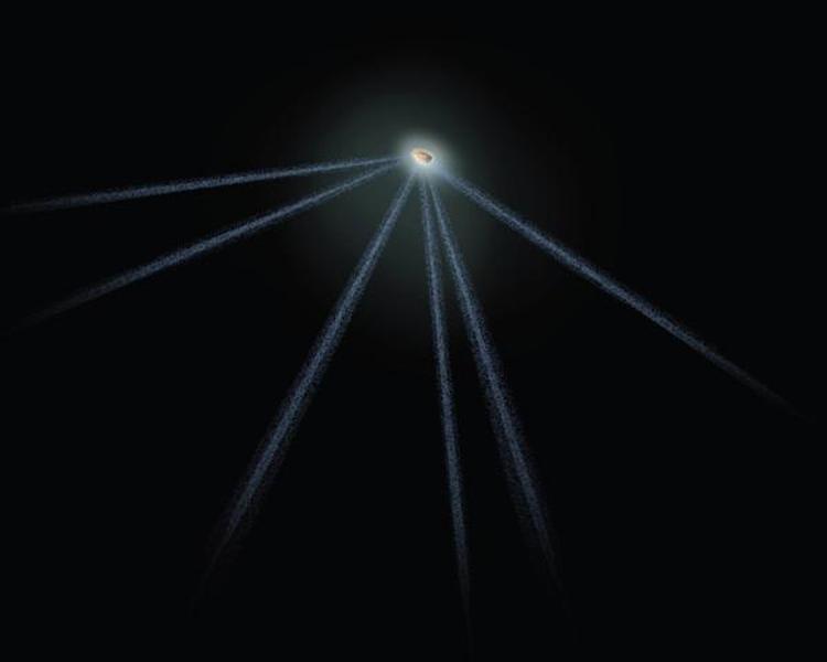 HALER. Her ses en illustration af halerne, som Hubbleteleskopet har registreret blive skud ud fra asteroiden P/2013P5. 