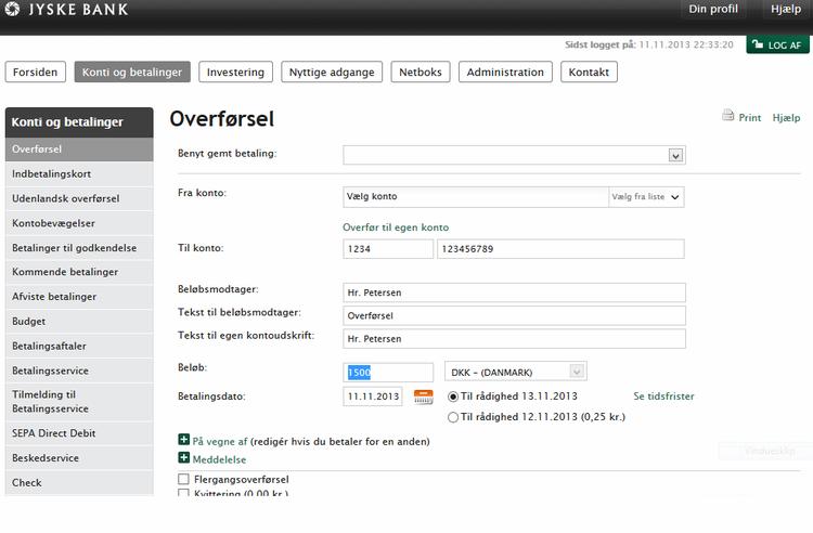 HURTIGERE. Hvis dine penge skal frem til modtagere så hurtigt som muligt, koster det i de fleste tilfælde gebyr, viser Politikens rundspørge. I Jyske Banks tilfælde kan pengene - trods gebyr - først overføres den følgende dag, hvis du sætter dig til tasterne i netbanken sent om aftenen. 