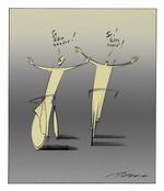 sikkerhed. Der er givet blevet brugt millioner af kroner på at oplyse cyklisterne om den rette trafikmæssige færdselskultur. Ikke desto mindre er problemet vokset. Tegning: Per Marquard Otzen 