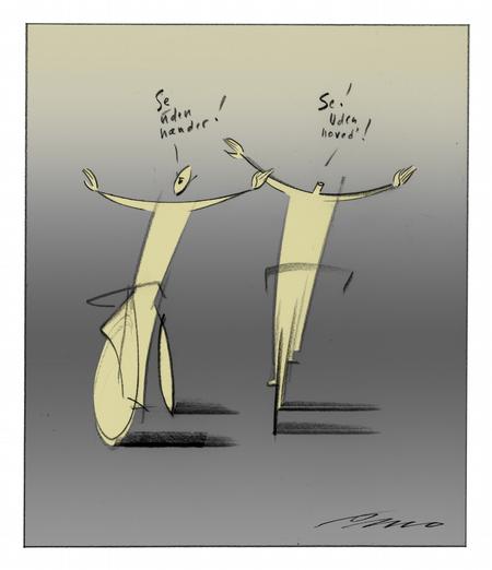 sikkerhed. Der er givet blevet brugt millioner af kroner på at oplyse cyklisterne om den rette trafikmæssige færdselskultur. Ikke desto mindre er problemet vokset. Tegning: Per Marquard Otzen 