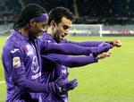 Glæde. Giuseppe Rossi (til højre) giver en lille dans efter sin scoring for Fiorentina. Juan Guillermo Cuadrado vil også være med til at danse. 