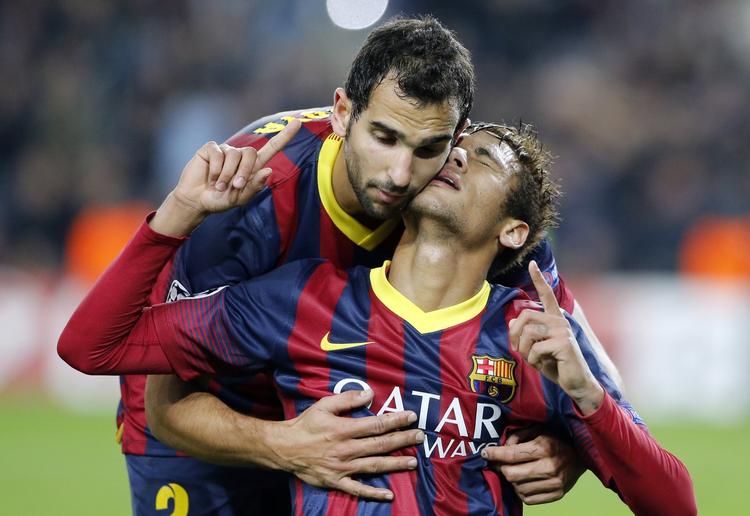 MÅL. Barcelona's Neymar (th.) fejrer sin tredje scoring i kampen mod Celtic med holdkammeraten Montoya. 