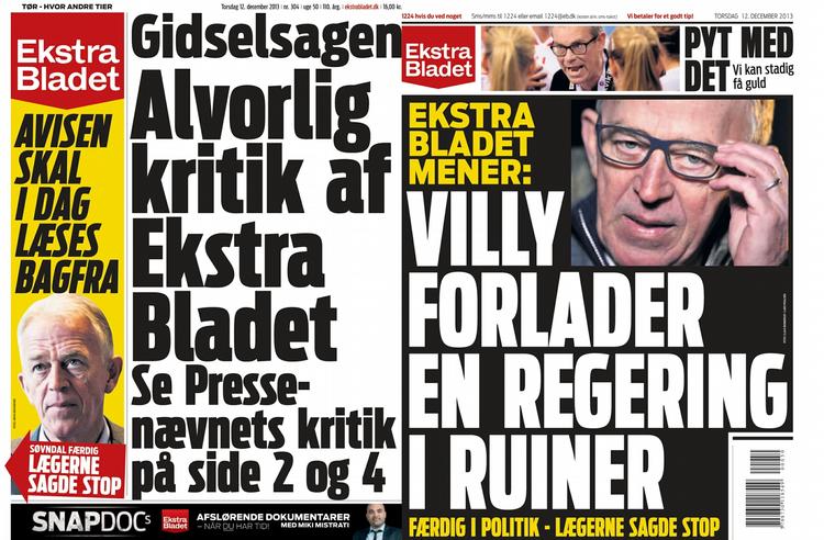 Omvendt. Siden til venstre er den rigtige forside, som Pressenævnet har krævet. Den til højre er bagsiden af dagens avis, der altså er en maskeret forside. 