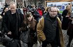 Markedsføring. Instruktør Lars von Trier stiller op til fotografering ved mindeankeret i Nyhavn sammen med skuespillerne fra 'Nymphomaniac', Charlotte Gainsbourg, Stellan Skarsgård og Stacy Martin. 