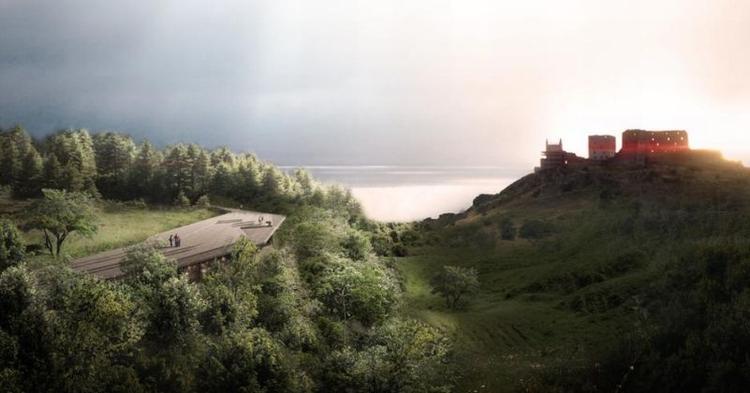 Landskabsbygning. Det nye besøgscenter ligger nedsænket i skråningen overfor Hammeshus. Illustration: Arkitema Architects 