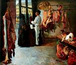 Udskæring. J.F. Willumsen malede i 1886 en af slagterbutikkerne ved Nikolaj Tårn i København. Ved vinduet hænger blærer, der blev brugt til lukning af yltekrukker og -glas. 