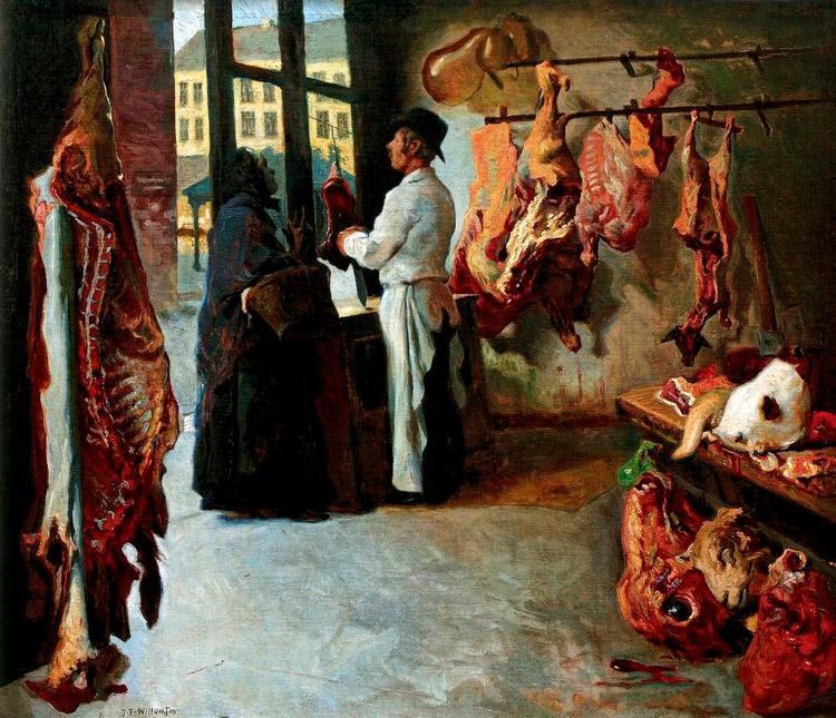 Udskæring. J.F. Willumsen malede i 1886 en af slagterbutikkerne ved Nikolaj Tårn i København. Ved vinduet hænger blærer, der blev brugt til lukning af yltekrukker og -glas. 