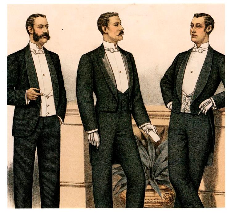 Mode. Her ses tre herrer i aftenjakker fra 1860. 