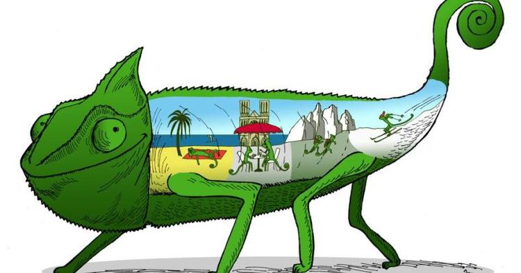 Kamæleoner. De danske turister er kamelæoner, når der rejser. De besøger alt fra Alperne til badeferier.Illustration: Anne-Marie Steen Petersen 