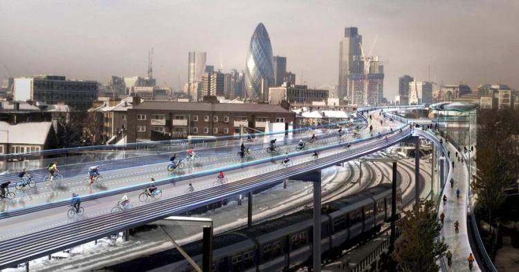 Højt. En ny plan vil placere cykelstier i 3. sals højde i London. Endnu er der dog ikke sat penge af til projektet. 