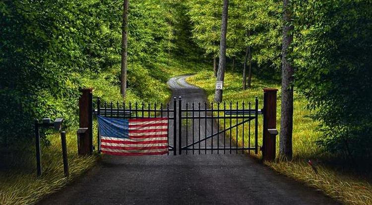 Sammenstød. Et typisk træk ved Søren Hagens nyrealistiske malerier er det stadige sammenstød mellem natur og kultur. I 'Et sted i Woodstock' er kulturen blandt andet det amerikanske flag og skiltet med hastighedsbegrænsningen. 