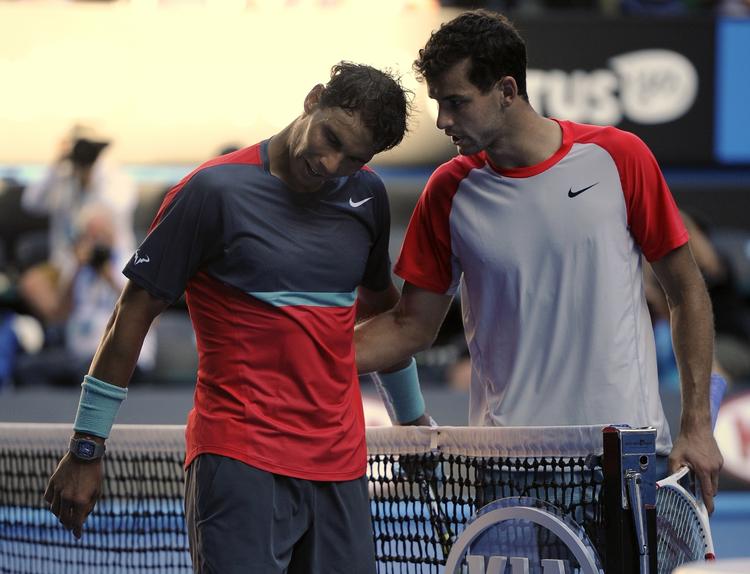 heldig. Rafael Nadal (tv) takker 'den nye Federer', Grigor Dimitrov, for kampen ved Australian Open. 