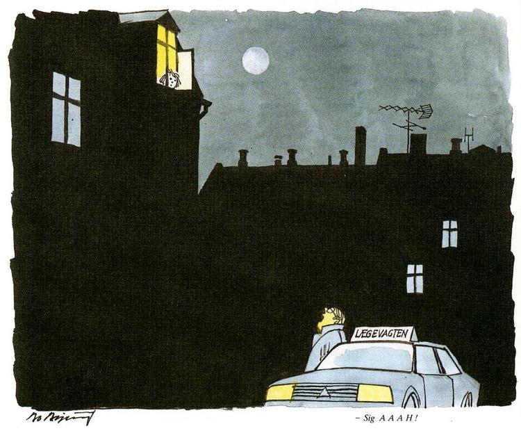 aaah. Også i 1986 var effektiviseringen af Lægevagten under debat. tegning: Bo Bojesen 