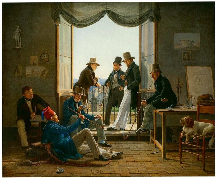 Træf. Bindesbøll (liggende) fortæller om sine oplevelser i Grækenland og Tyrkiet, mens kunstnervennerne lytter »mere eller mindre interesseret«, som Kasper Monrad skriver i sin billedtekst til Constantin Hansens maleri fra 1837, 'Danske kunstnere i Rom'. 