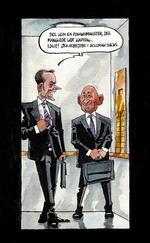 Tweet. »Der kom en finansminister, der manglede lidt kapital. Idiot! Jeg arbejder i Goldman Sachs«. Tegning: Roald Als 