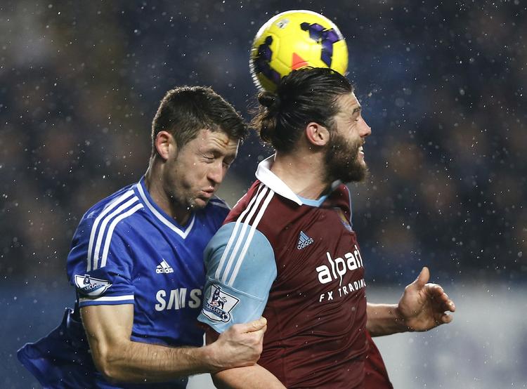 overlevelseskamp. West Ham har i lang tid spillet nærmest uden angribere. Men i lokalopgøret var Andy Carroll (th) vendt tilbage til holdet. 