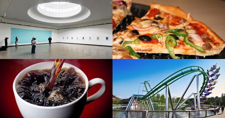 Collage. Billederne er taget af (fra øverst venstre hjørne og med uret): PR-foto Kode museum, Jacque Stengel/iStockPhoto, PR-foto Fårup Sommerland og iStockPhoto. 