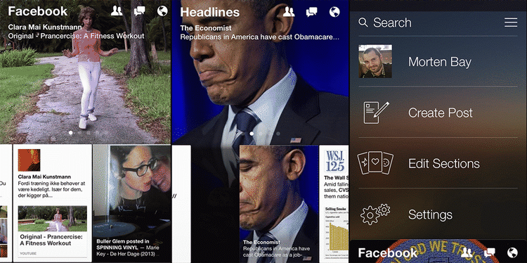 HIT. Anmelderne er vilde med den Facebook Paper-app, der giver én mulighed for at tjekke Facebook og læse nyheder i et lækkert interface. Hvis man snyder lidt, kan man også bruge den i Danmark (Foto: Politiken.dk/Screenshot) 