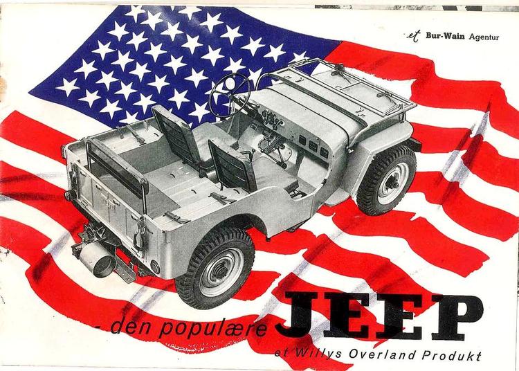 Symbolik. Her ses forsiden af en brochure for Willys Overland Jeep fra efterkrigstiden. Den bil, der blev solgt til civile kunder, blev omtalt som ’freds-Jeepen’. 