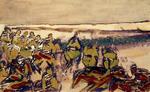 Slag. En af Niels Larsen Stevns skitser fra 1934/35 til freskerne i Hjørring. Her ser man vendelboerne forsvare Nørresundby mod svenskerne 18. januar 1644. Teknikken er blyant, pen, pensel, brunt blæk og vandfarve på papir. Tilhører Randers Kunstmuseum. 