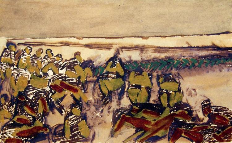 Slag. En af Niels Larsen Stevns skitser fra 1934/35 til freskerne i Hjørring. Her ser man vendelboerne forsvare Nørresundby mod svenskerne 18. januar 1644. Teknikken er blyant, pen, pensel, brunt blæk og vandfarve på papir. Tilhører Randers Kunstmuseum. 