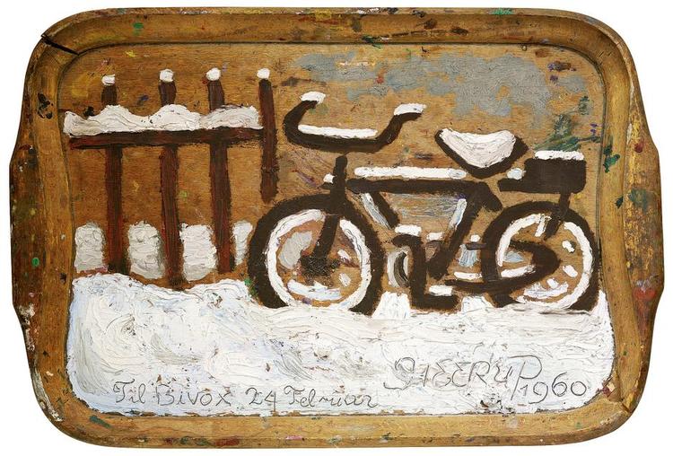 Snedækket. Billedet 'Cykel i sne' fra 1960 kunne ikke være malet mange andre steder end Danmark. Eftersom materialerne er oliefarve på krydsfinerbakke, kunne det heller ikke være malet af mange andre end Henry Heerup. 