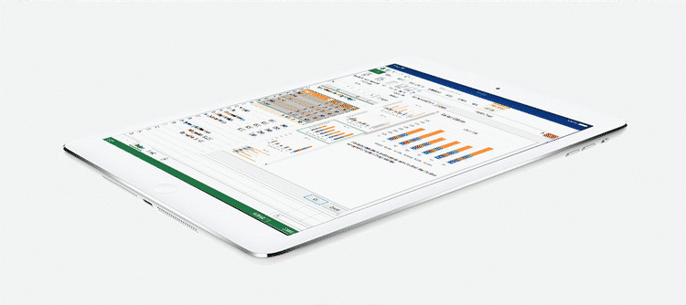 KONTOR. Den længe ventede iPad-udgave af Microsoft Office skulle nu være lige om hjørnet. Den var egentlig sat til lancering sidst på året, men kan allerede komme indenfor et par måneder. (Foto: Mockup/Apple/Microsoft) 