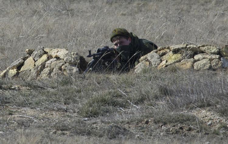 udkig. En pro-russisk soldat har her blokeret en ukrainsk militærbase i landsbyen Novoozerne omkring 90 kilometer vest for hovedbyen Simferopol på Krim-halvøen. Billedet er fra i dag. 