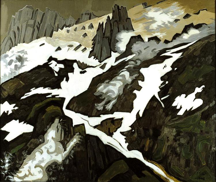 Almagt. I oliemaleriet 'Tåger og sneklatter på bjerg' fra 1938 skildrer Willumsen naturens knusende almagt, som han jævnligt opsøgte for at nå sin egen fortabelse. 