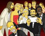 Kodak-moment. Det populære Oscarselfie slog rekord på Twitter. Nu findes det også i tegnefilmsversion. Illustration: Matt Groening. 