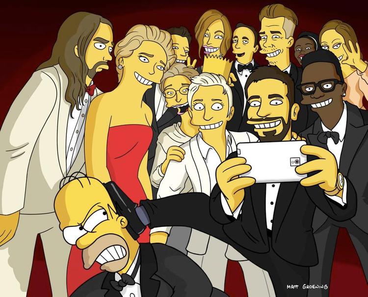 Kodak-moment. Det populære Oscarselfie slog rekord på Twitter. Nu findes det også i tegnefilmsversion. Illustration: Matt Groening. 
