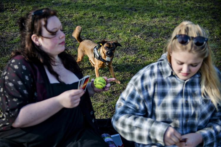 Forår. Det usædvanlige forårsvejr får folk udenfor. 