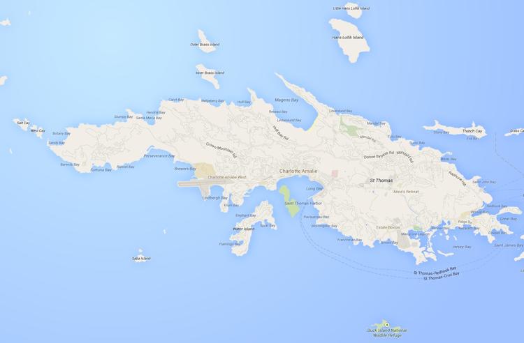 Danskerlandet. Både på Sankt Thomas og mange nærliggende øer er der stadig ret tydelige træk efter danskerne. Læg for eksempel mærke til øen 'Hans Lollik Island' øverst. 