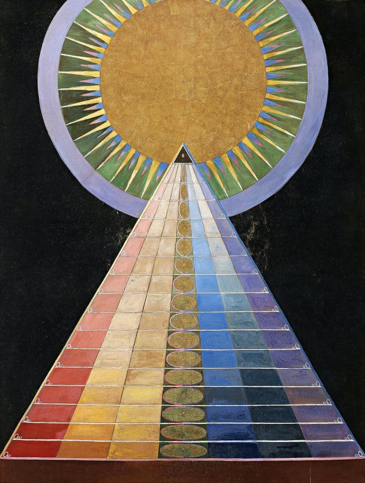 <cutline_leadin>PYRAMIDISK.</cutline_leadin> Hilma af Klints 'Alterbilleder', hvoraf vi her ser nr. 1 fra 1915, er på grænsen til det grufuldt patetiske med pyramider og solcirkler, men størrelsen, materialet og ikke mindst farvefornemmelsen redder dem på stregen. <fotograf>Foto: Albin Dahlström, Moderna Museet</fotograf> 