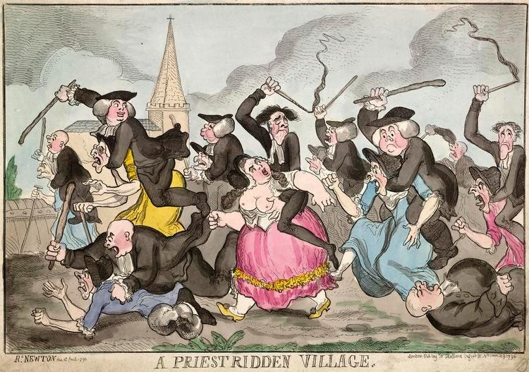 Præsteramt. Richard Newton var kun tretten år, da han debuterede som professionel satiretegner. Her er det en landsby plaget af slemme præster, han har tegnet. 