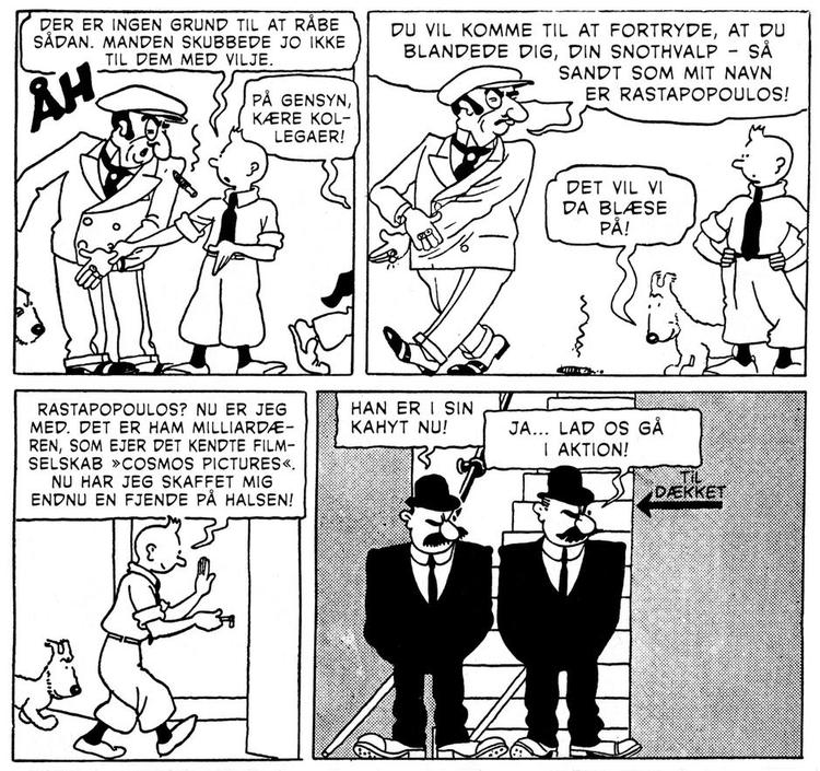Kropssprog. Tintin og detektivtvillingerne X33 og X33A i en tidlig streg og et meget tydeligt kropssprog. 
