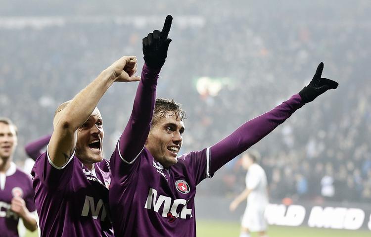 Superliga. FC Midtjyllands Kristian Bak Nielsen og Jakob Poulsen jubler efter scoring til 1-5. 