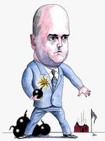 Forbillede? Reinfeldt skaffede skattelettelser ved at skære benhårdt i det offentlige forbrug. Resultatet har været stigende arbejdsløshed. Tegning: Anne-Marie Steen Petersen. Klik på billedet for fuld størrelse. 